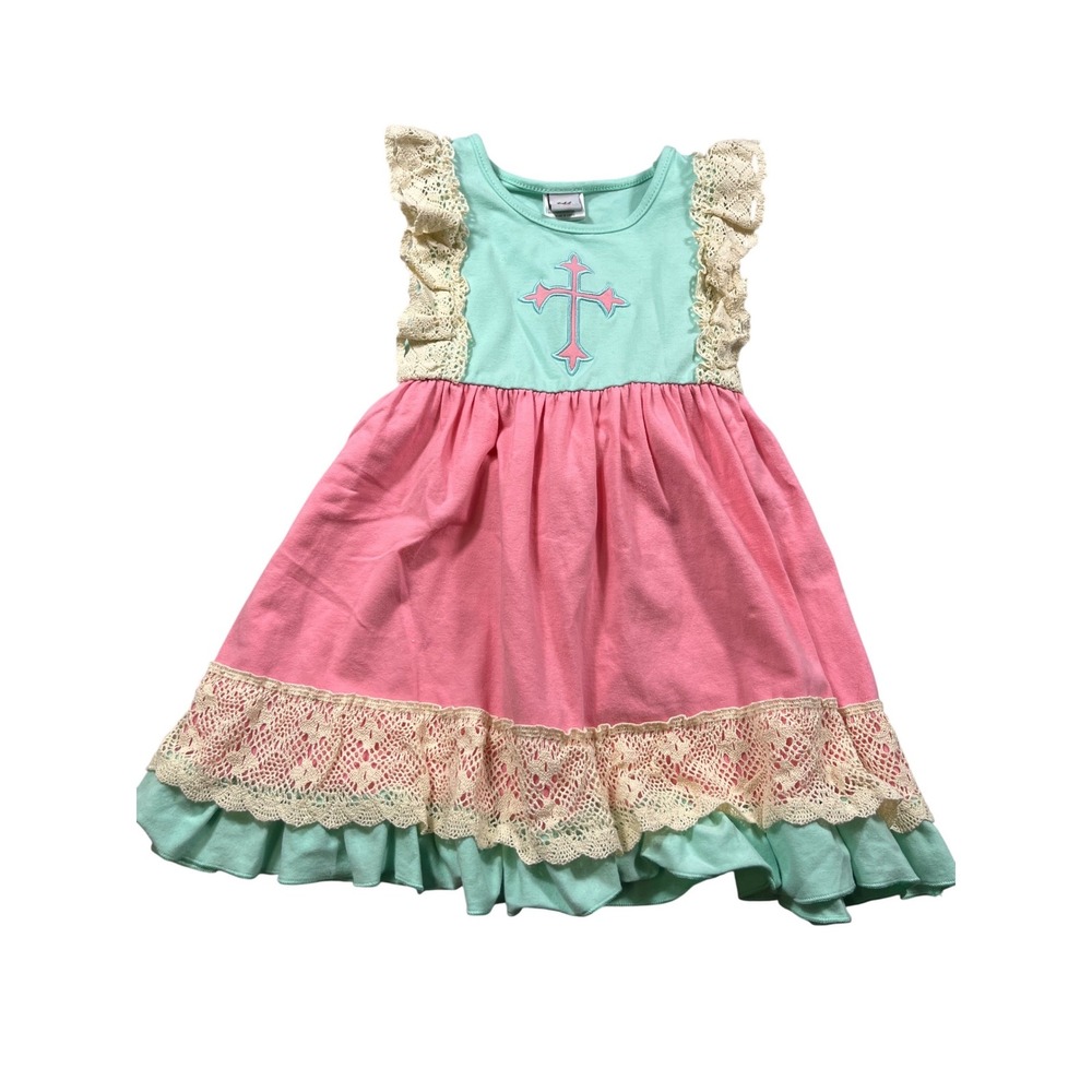 Boutique Girls XL Ruffle Pants Set Pink Aqua Lace Southern Church Outfit